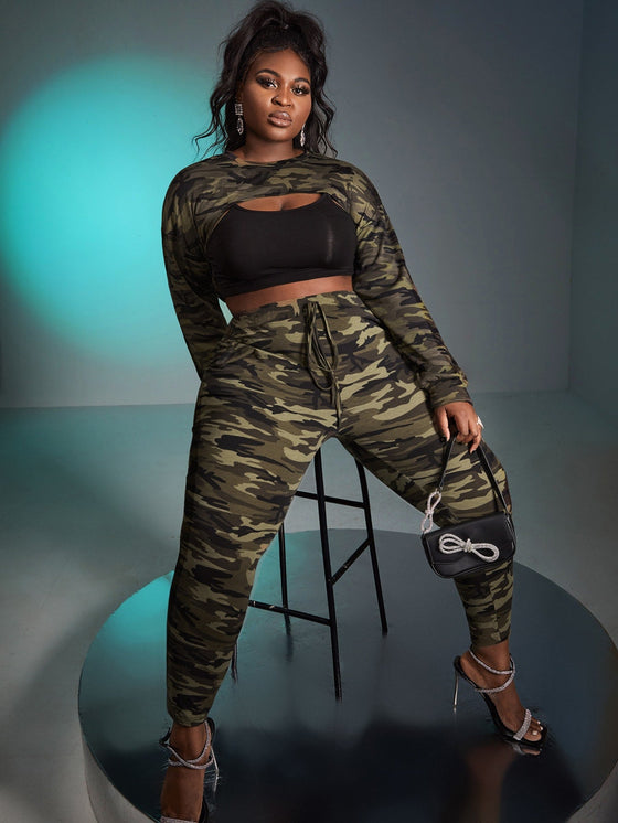 SXY Plus Camo Print Tie Front Pants