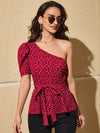 Heart Polka Dot One Shoulder Belted Top