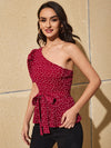 Heart Polka Dot One Shoulder Belted Top