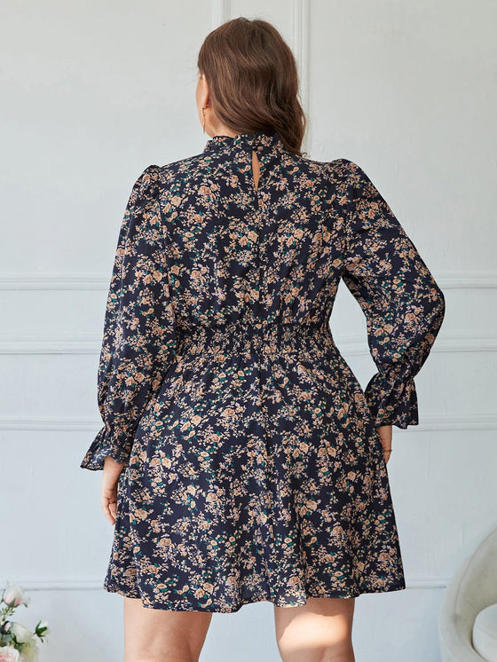 Plus Floral Print Flounce Sleeve Shirred Waist Frilled Neck Dress