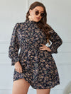 Plus Floral Print Flounce Sleeve Shirred Waist Frilled Neck Dress