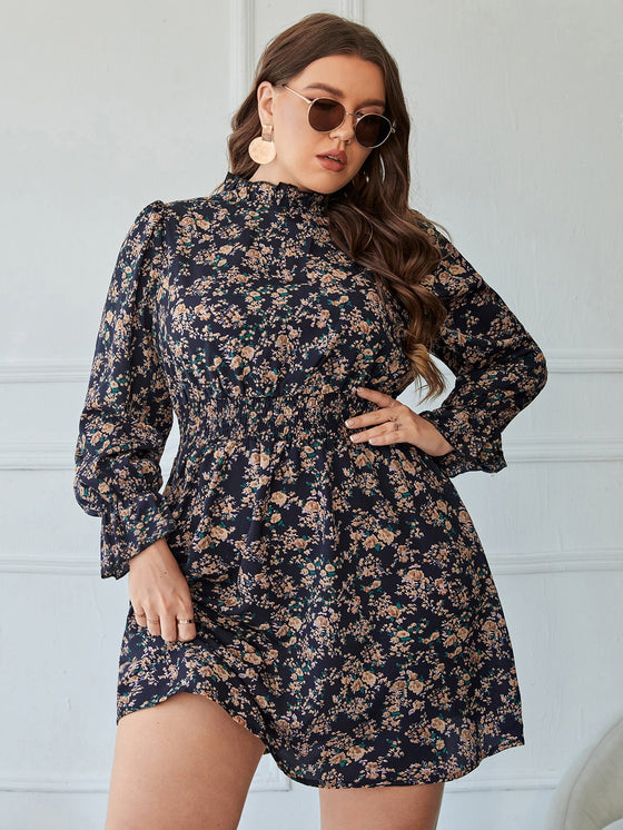 Plus Floral Print Flounce Sleeve Shirred Waist Frilled Neck Dress