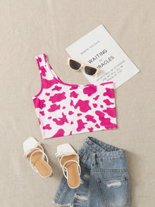  One Shoulder Cow Print Crop Top