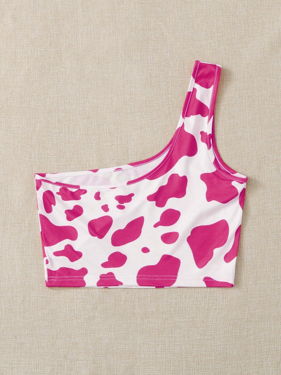 One Shoulder Cow Print Crop Top