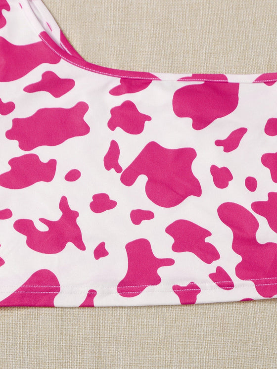 One Shoulder Cow Print Crop Top