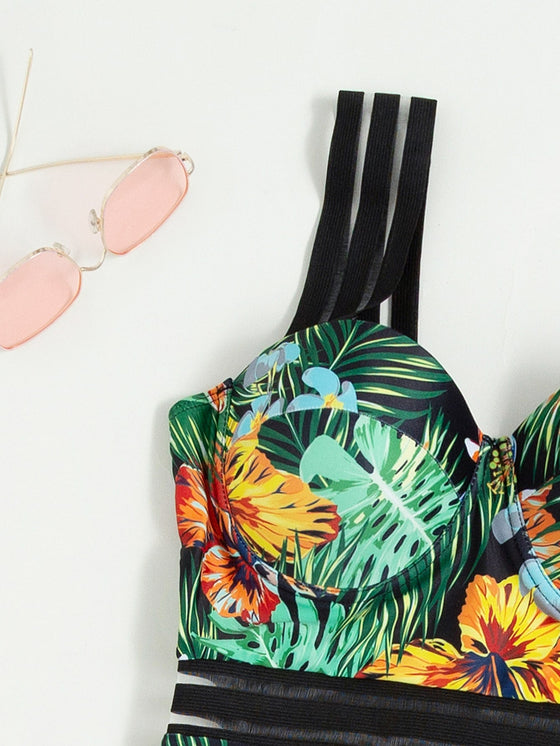 Floral Tropical Print Push Up One Piece Swimsuit With Beach Skirt