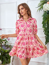 All Over Print Puff Sleeve Ruffle Hem Smock Dress