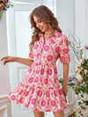 All Over Print Puff Sleeve Ruffle Hem Smock Dress
