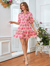 All Over Print Puff Sleeve Ruffle Hem Smock Dress