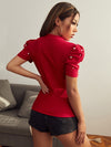 Mock Neck Puff Sleeve Pearls Beaded Top