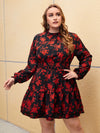 Plus Frilled Neck Shirred Panel Lantern Sleeve Floral Dress