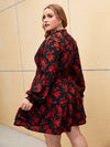 Plus Frilled Neck Shirred Panel Lantern Sleeve Floral Dress