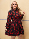 Plus Frilled Neck Shirred Panel Lantern Sleeve Floral Dress