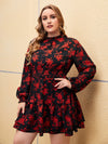 Plus Frilled Neck Shirred Panel Lantern Sleeve Floral Dress