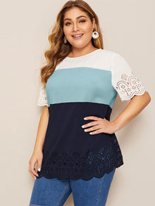  Plus Laser Cut Scalloped Trim Colorblock Blouse
