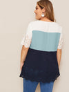 Plus Laser Cut Scalloped Trim Colorblock Blouse