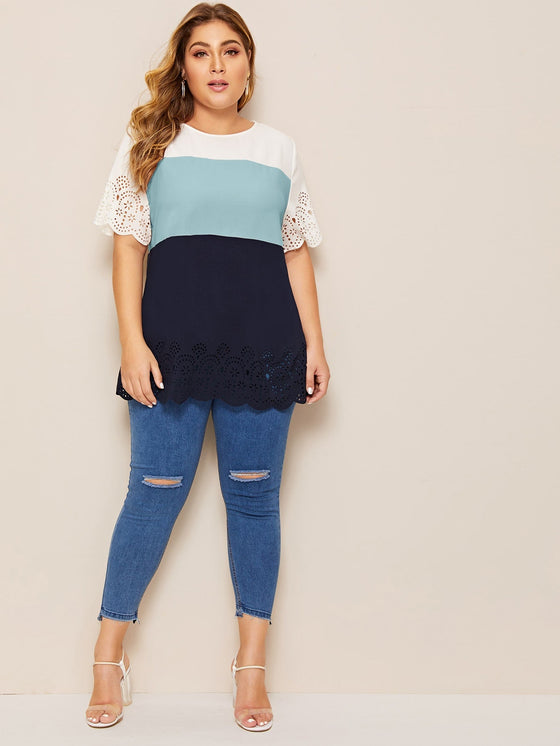 Plus Laser Cut Scalloped Trim Colorblock Blouse