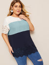 Plus Laser Cut Scalloped Trim Colorblock Blouse