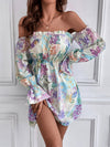 Floral Print Off Shoulder Flounce Sleeve Frill Trim Dress