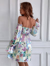 Floral Print Off Shoulder Flounce Sleeve Frill Trim Dress