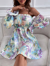 Floral Print Off Shoulder Flounce Sleeve Frill Trim Dress