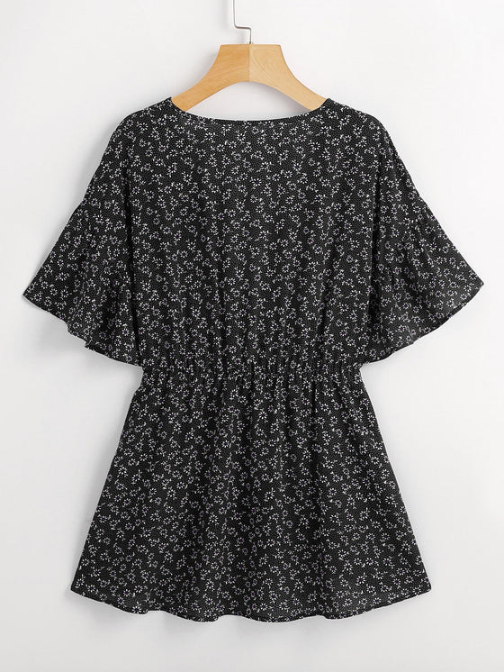 Plus Ditsy Floral Wrap Smock Blouse