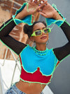 Color Block Top stitching Frill Trim Slim Sleeve Crop Top