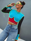 Color Block Top stitching Frill Trim Slim Sleeve Crop Top
