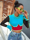 Color Block Top stitching Frill Trim Slim Sleeve Crop Top