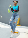 Color Block Top stitching Frill Trim Slim Sleeve Crop Top