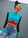 Color Block Top stitching Frill Trim Slim Sleeve Crop Top