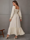 Square Neck Shirred Ruffle Hem Dress
