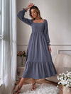 Square Neck Shirred Ruffle Hem Dress