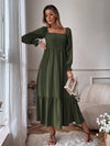 Square Neck Shirred Ruffle Hem Dress