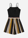 Plus Striped Paneled Self Belted Cami Romper