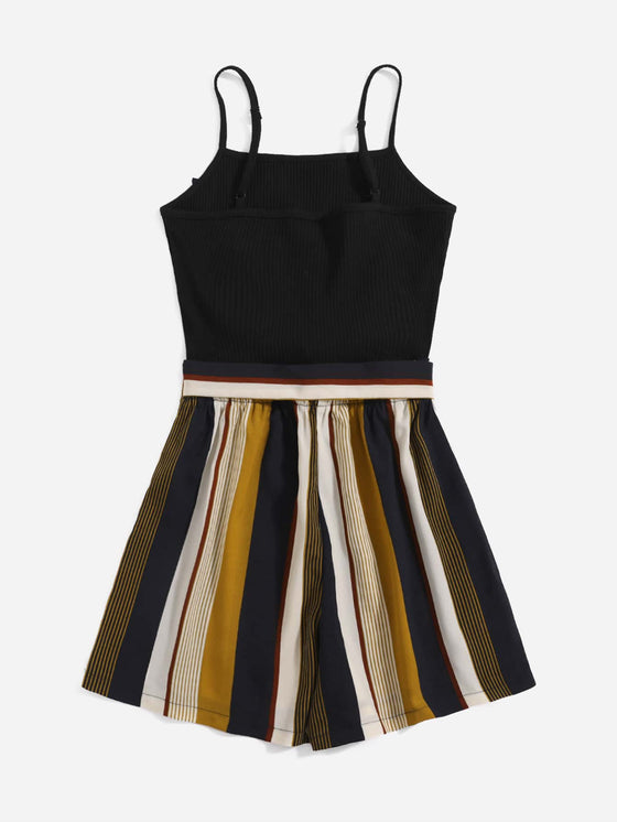 Plus Striped Paneled Self Belted Cami Romper