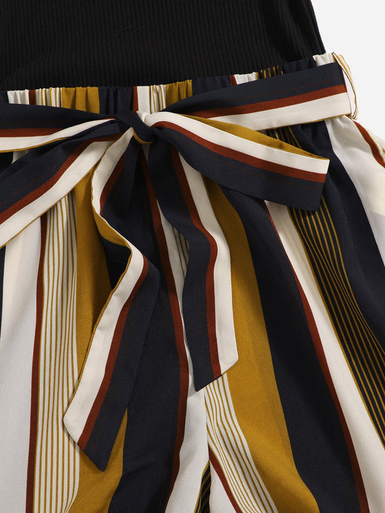 Plus Striped Paneled Self Belted Cami Romper