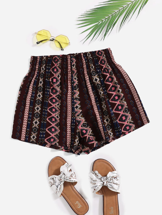 Shirred Waist Geo Print Shorts