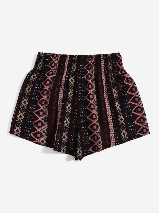 Shirred Waist Geo Print Shorts