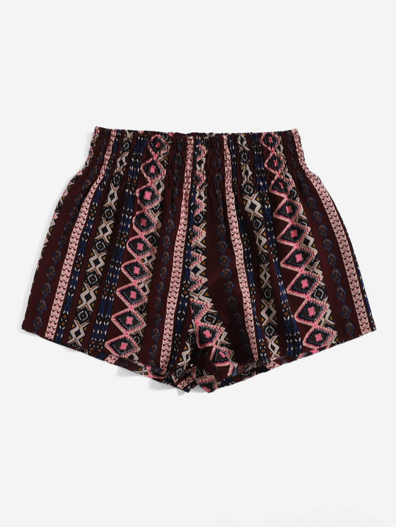 Shirred Waist Geo Print Shorts