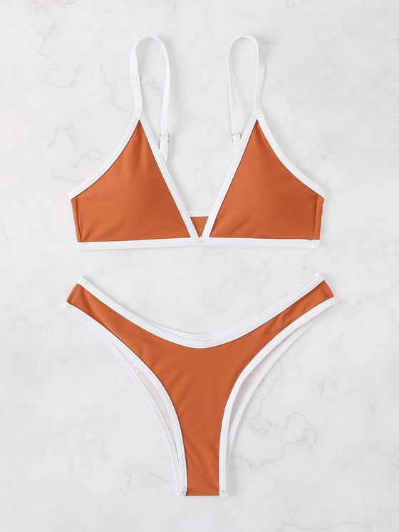 Contrast Binding Triangle Bikini Swimsuit