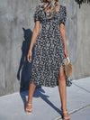 Sweetheart Ditsy Floral Print Puff Sleeve Slit Hem Dress