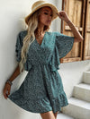 Plant Print Butterfly Sleeve Ruffle Hem Dress