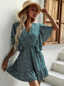  Plant Print Butterfly Sleeve Ruffle Hem Dress