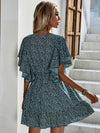 Plant Print Butterfly Sleeve Ruffle Hem Dress