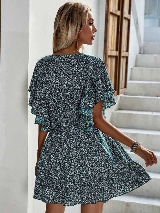 Plant Print Butterfly Sleeve Ruffle Hem Dress