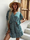 Plant Print Butterfly Sleeve Ruffle Hem Dress