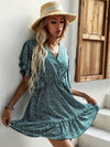 Plant Print Butterfly Sleeve Ruffle Hem Dress