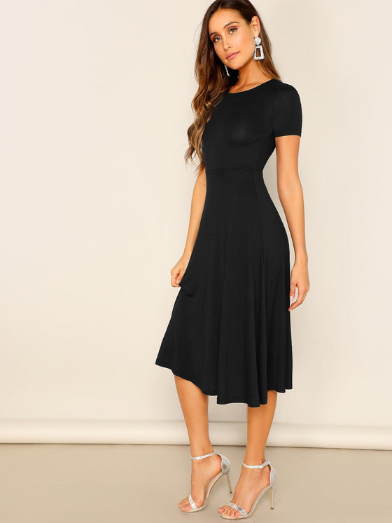 Solid Round Neck A line Dress