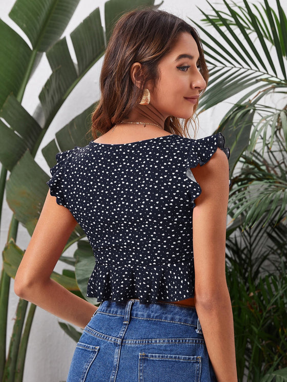 Allover Heart Print Ruffle Trim Crop Top